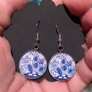 Blue Toile Dangle Earrings